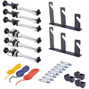 Soporte de fondos Godox montado en pared con cadenas y contrapesos para tres fondos.