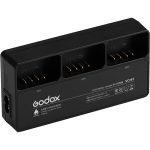 Cargador Godox VC26T para baterías VB26 del flash V1 con capacidad para tres baterías simultáneas.