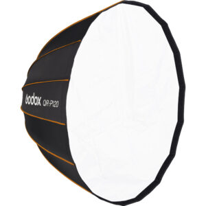 Softbox parabólico Godox QR-P120 de 120 cm con diseño de apertura rápida y montura Bowens, ideal para iluminación profesional en fotografía y video.