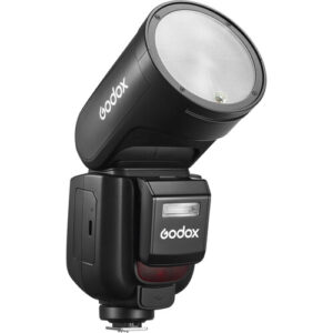 Flash Godox V1Pro C para Canon con cabezal redondo, sub-flash desmontable y batería recargable USB-C.