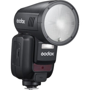 Flash Godox V100C para Canon con cabezal redondo, sub-flash desmontable y batería recargable USB-C.